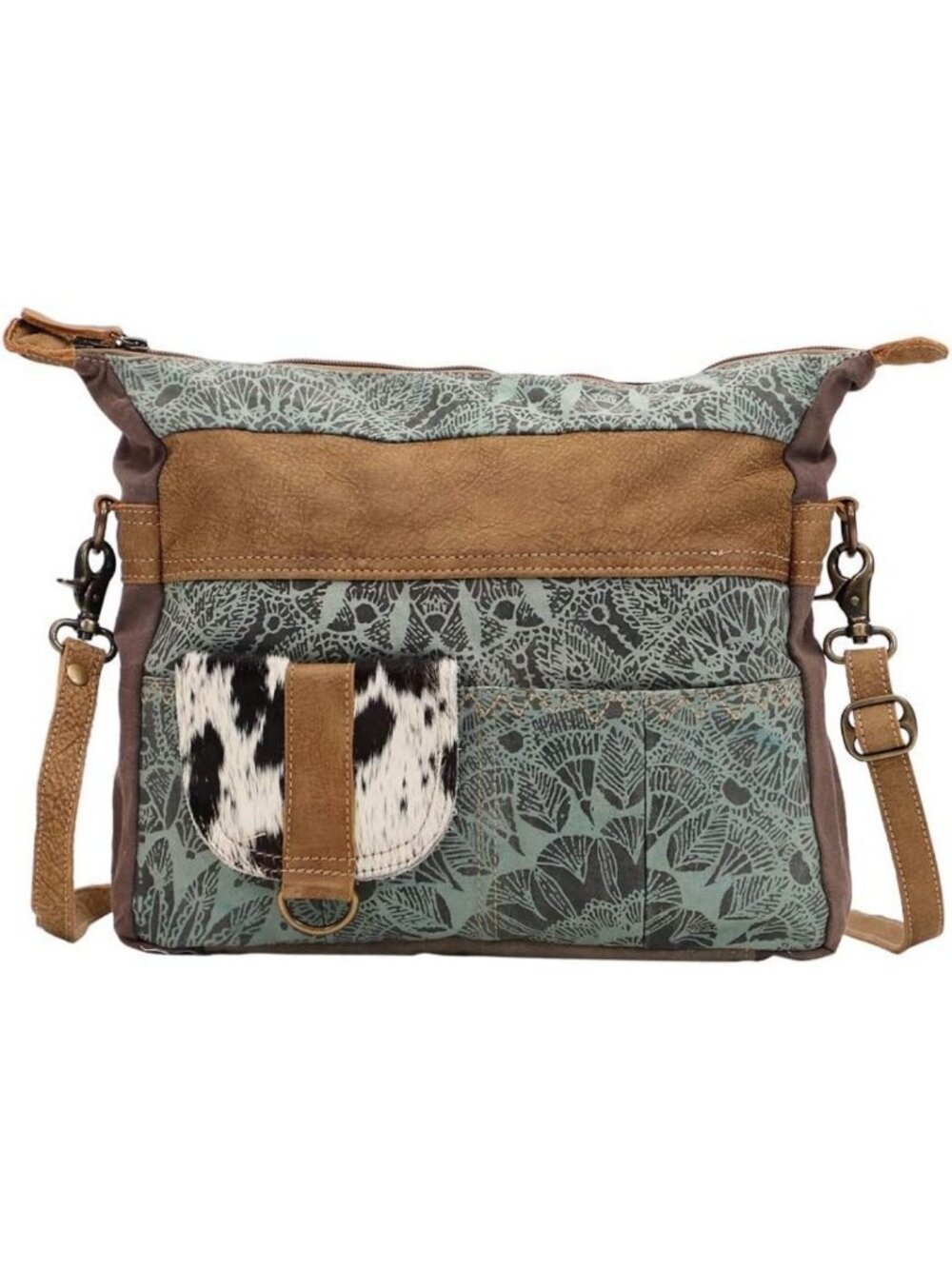 Boho Canvas Handbag with Buffalo Leather, Geometric Pattern Purse for Women